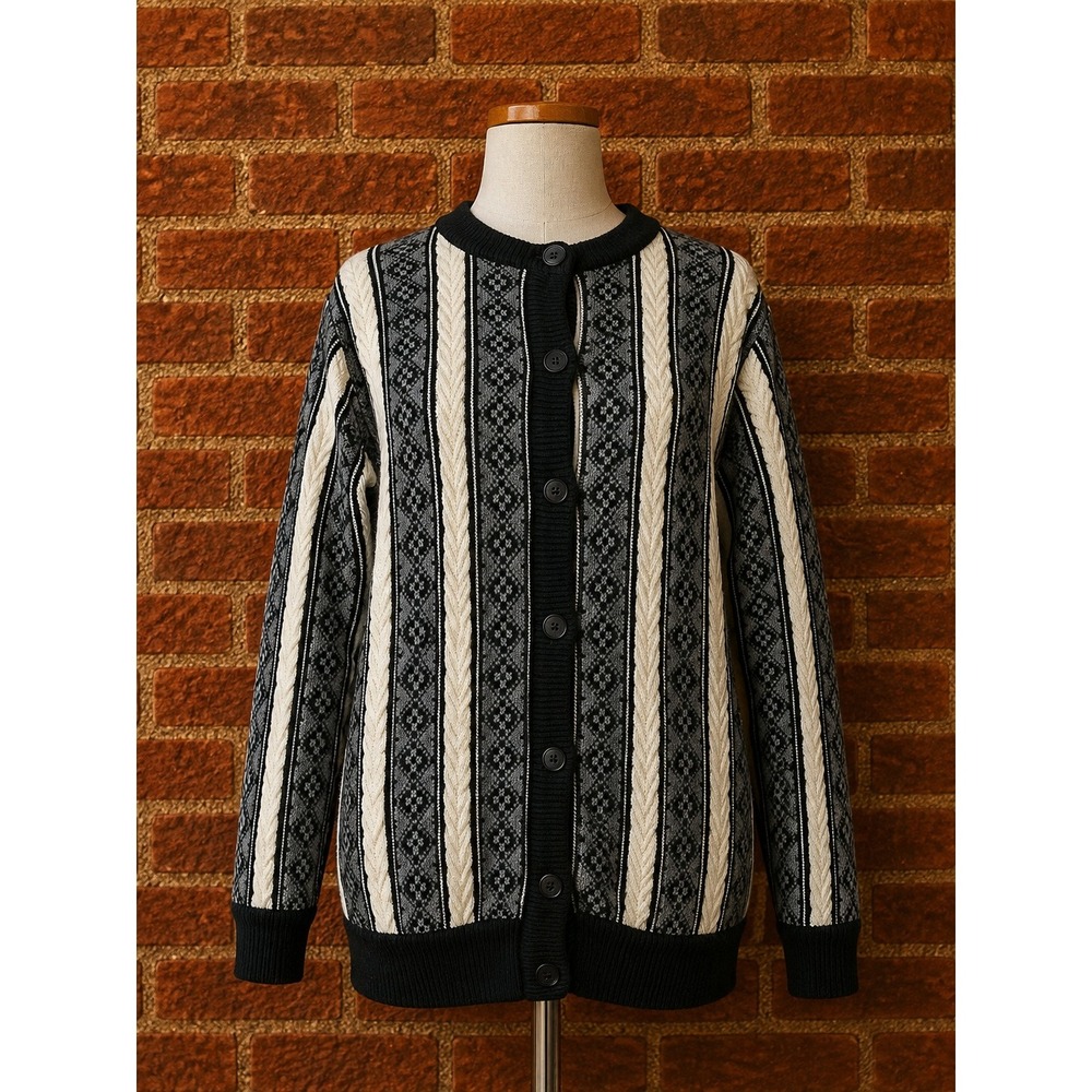 Vintage Black White Striped Grandpa Retro Nordic 90s Cardigan Sweater Fall S/M